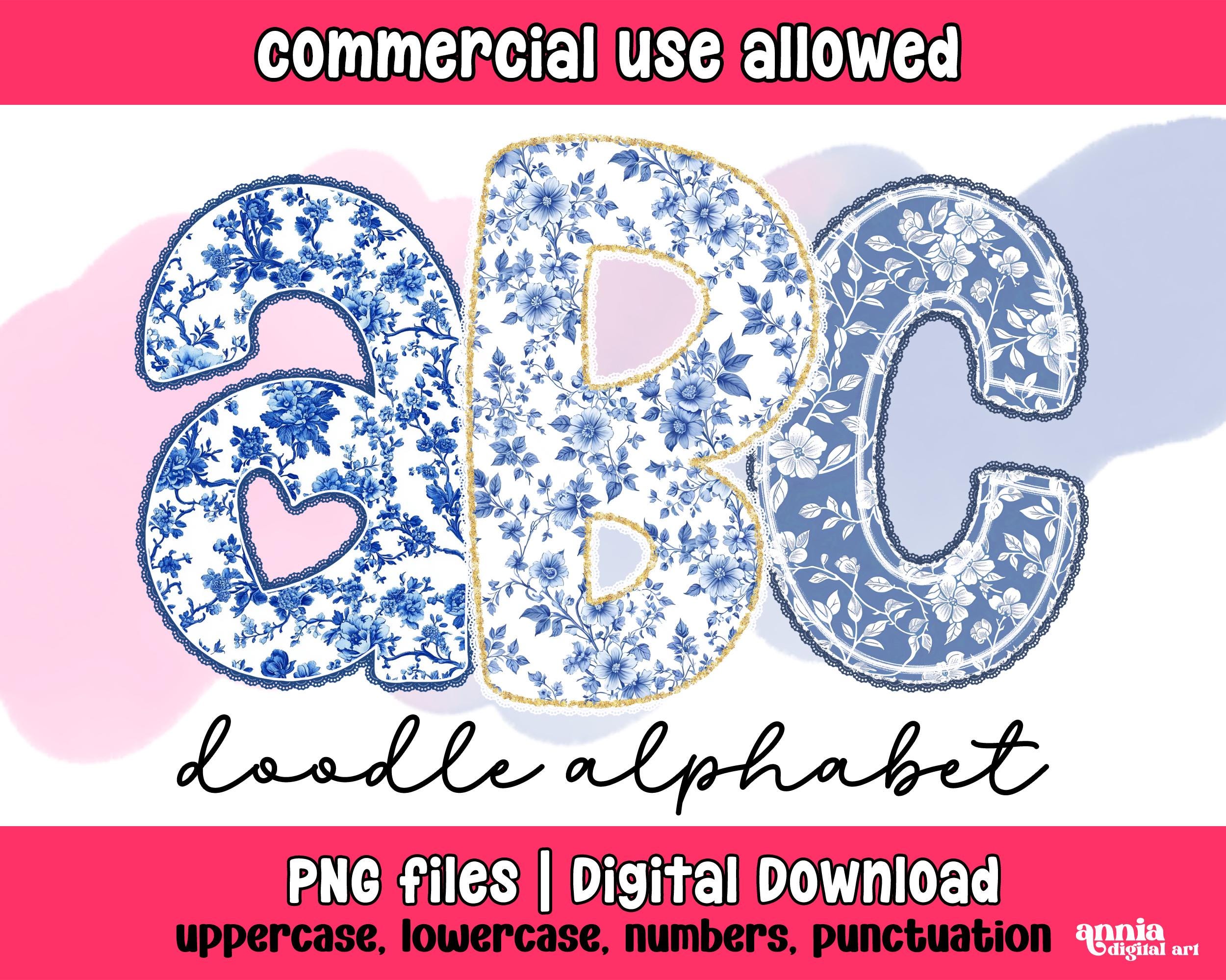Chinoiserie Doodle Alpha Pack PNG, Lace Blue Toile Alphabet Letters, Floral Preppy Alpha Doodle Font Png, Flowers Glitter Alpha Set Clipart