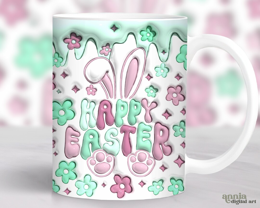 3D Happy Easter Mug Wrap Inflated, Puffy Easter Bunny Mug Sublimation ...