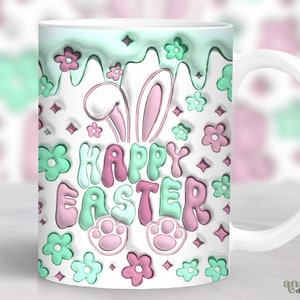 3D Happy Easter Mug Wrap Inflated, Puffy Easter Bunny Mug Sublimation Design, Spring 11oz Cup Template, Pastel Easter 15 oz Mug PNG