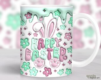 May include: White ceramic mug with a pink and green Easter bunny design. The mug has a handle and says "Happy Easter" in pink and green letters.