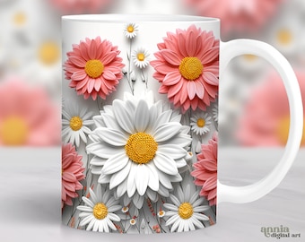 3D White and Pink Daisy Flower Mug Wrap, Spring Floral Mug Sublimation Design, 11oz Cup Template, 15 oz Mug Wrap PNG, Summer Mug Design Png