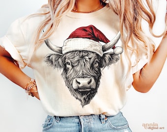 Vaca de las Tierras Altas de Navidad Png, Diseño de sublimación de camiseta navideña occidental, Vaquero navideño Png, Vaquera navideña de rodeo Png