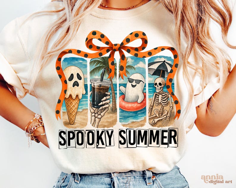 May include: Cream-colored t-shirt with a "Spooky Summer" graphic. The design features a ghost ice cream cone, a skeleton holding a drink, a ghost in a floatie, and a skeleton under an umbrella. An orange bow with black polka dots tops the design.