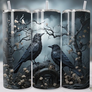 May include: A stainless steel tumbler with a design of two black crows perched on a branch with white blossoms. The background is a dark blue with a hazy white sky.