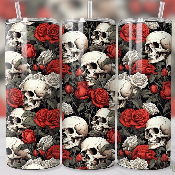 Skulls and Roses Tumbler Wrap, Goth Halloween 20oz Skinny Sublimation Tumbler Design, Skeletons Straight & Tapered Tumbler PNG