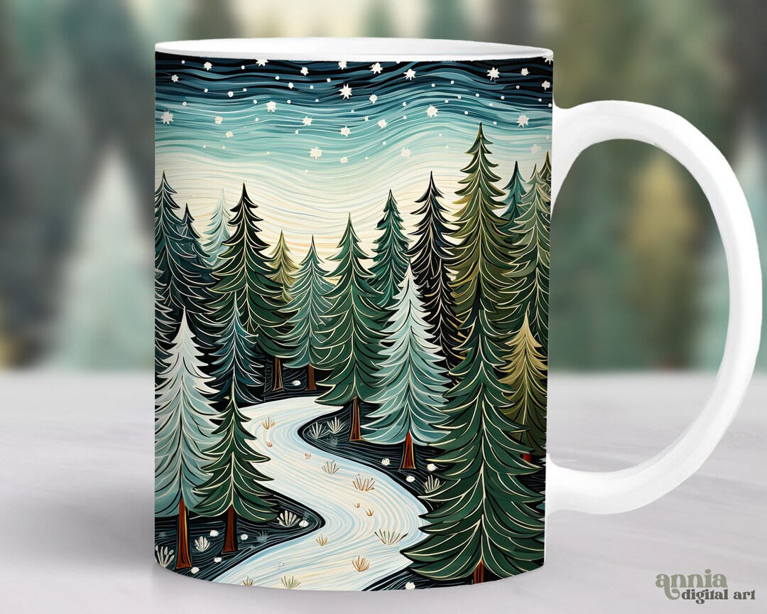 Tree Mug Patterns Winter Pine Trees Mug Wrap, Nature Landscape Mug Sublimation Design ...
