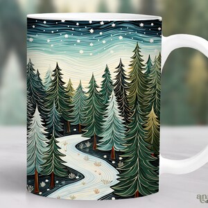 May include: White ceramic mug with a colorful illustration of a winding river flowing through a forest of green trees under a blue starry sky.