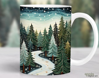 Winter pijnbomen mok wrap, natuur landschap mok sublimatie ontwerp, bergbos 11oz koffiekopje wrap, 15oz mok wrap PNG