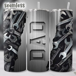 May include: A stainless steel tumbler with a silver metallic finish. The tumbler has a design of wrenches and the word "DAD" on the front.