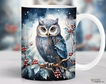 Christmas Owl Mug Wrap, Christmas Animals Mug Sublimation Design, Holiday 11oz Coffee Cup Wrap, Xmas 15 oz Mug Wrap PNG, Winter Mug Design