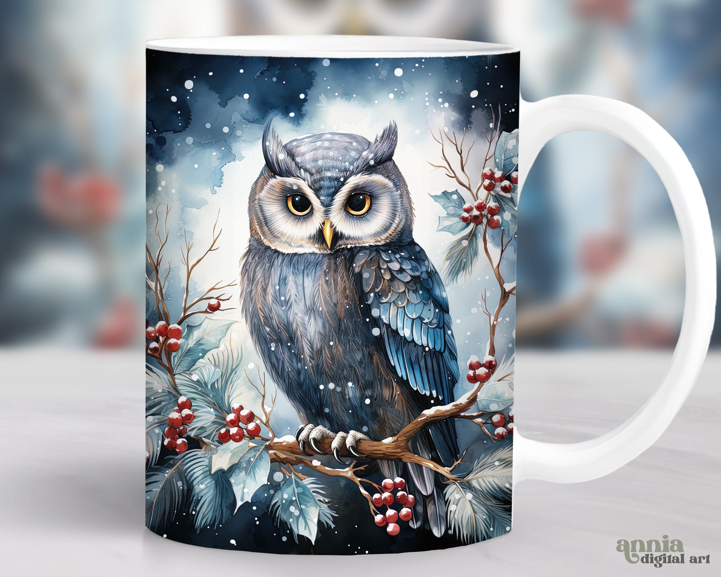 Christmas Owl Mug Wrap, Christmas Animals Mug Sublimation Design, Holiday 11oz Coffee Cup Wrap, Xmas