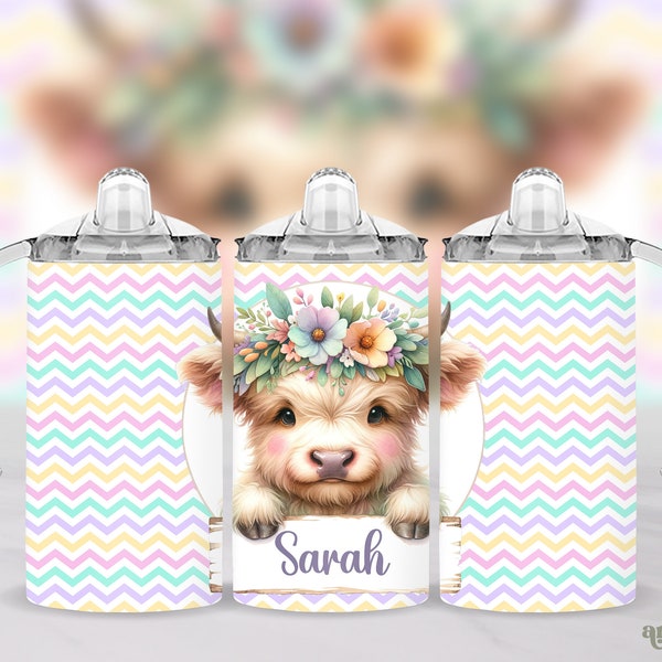 Highland Cow Sippy Cup Tumbler Wrap Add Name, Spring Flowers 12oz Kids Bottle Sublimation Design PNG, Easter Toddler Sippy Wrap for Girls