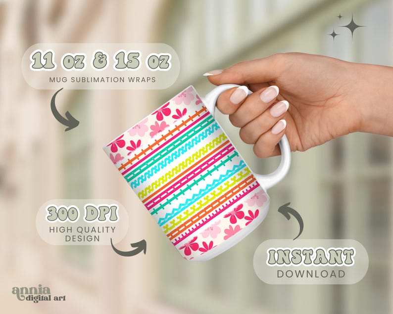 May include: White ceramic mug with a colorful floral and geometric pattern. The design includes pink flowers and horizontal stripes in turquoise, orange, and yellow. Text on the image indicates the mug is available in 11 oz and 15 oz sizes.