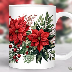May include: White ceramic mug with a red and green floral design. The design features poinsettia flowers, berries, and leaves. The mug has a white handle.