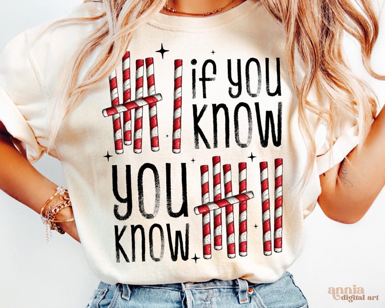 May include: Cream-colored sweatshirt with the text "If you know, you know" in black, accompanied by red and white candy cane graphics. The design includes small black star accents.