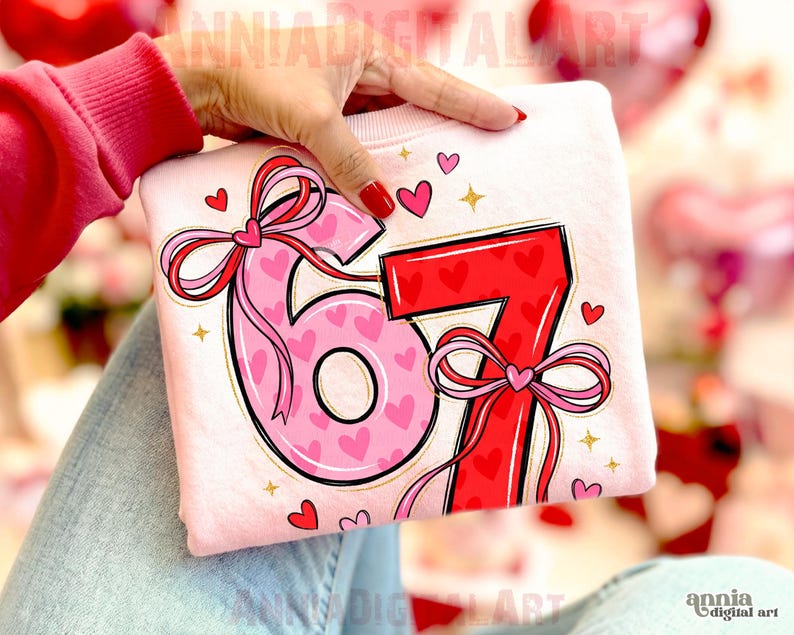 May include: A light pink sweatshirt featuring the numbers 6 and 7 in a decorative style. The number 6 is pink with heart patterns, and the number 7 is red. Both numbers have bows and are decorated with hearts and gold stars.