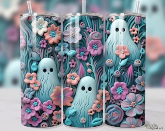 3D Pastel Halloween Tumbler Wrap, Ghosts and Flowers 20oz Skinny Tumbler Sublimation Design, Pastel Goth Straight & Tapered Tumbler PNG