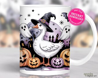 May include: White ceramic mug featuring a whimsical Halloween design. A white goose wearing a witch hat stands before a purple moon, surrounded by ghosts, pumpkins, and a spooky cityscape. The mug has a white handle and the text "PNG FILE INSTANT DOWNLOAD SUBMLIMATION DESIGN".