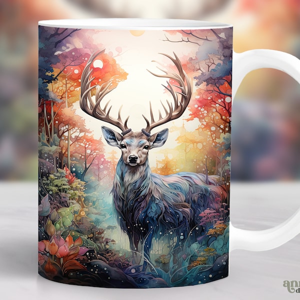 Colorful Deer Mug Wrap, Deer Hunting Mug Sublimation Design Hunters, Watercolor Forest Animals 11oz Coffee Cup Template, 15 oz Mug Wrap PNG