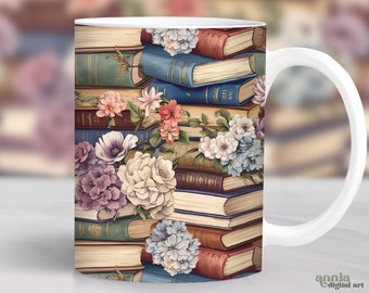 Flowers Book Mug Wrap, Watercolor Reading Mug Sublimation Design, Floral Books 11oz Coffee Cup Template, 15oz Mug Wrap PNG, Mug Press Design