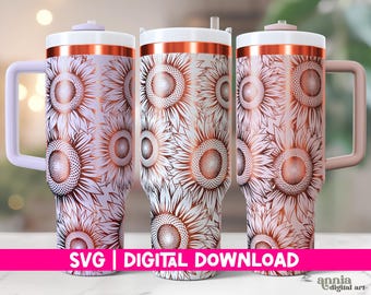 Envoltura para vaso de 40 oz con girasoles grabados a láser, SVG, vaso de 40 oz con flores de verano grabadas a láser, diseño envolvente completo sin costuras con flores para mujer