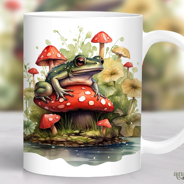 Watercolor Frog Mug Wrap, Mushrooms Mug Sublimation Design, Cottagecore 11oz Coffee Cup Template, 15 oz Mug Wrap PNG, Mug Press Designs