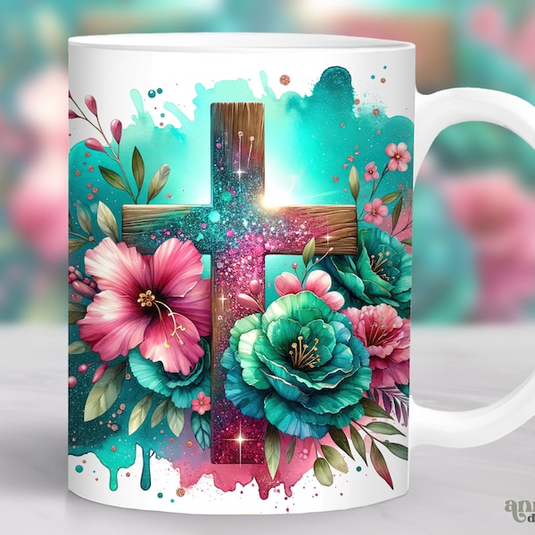 Glitter Wooden Cross Mug Wrap, Pink Teal Easter Mug Sublimation Design, Christian Jesus 11oz Cup Png, Religious 15 oz Mug PNG, Faith Mug Png