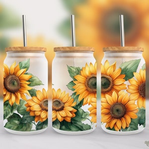 Watercolor Sunflowers 16oz Wrap PNG, Summer Flowers Frosted Glass Sublimation Design, Fall Floral Libbey Cup Png, Autumn Flowers Png