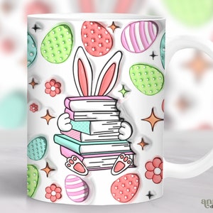 3D Easter Books Inflated Mug Wrap, Puffy Easter Bunny Mug Sublimation Design, Teacher Easter Eggs 11oz Cup Template, Reading 15 oz Mug PNG