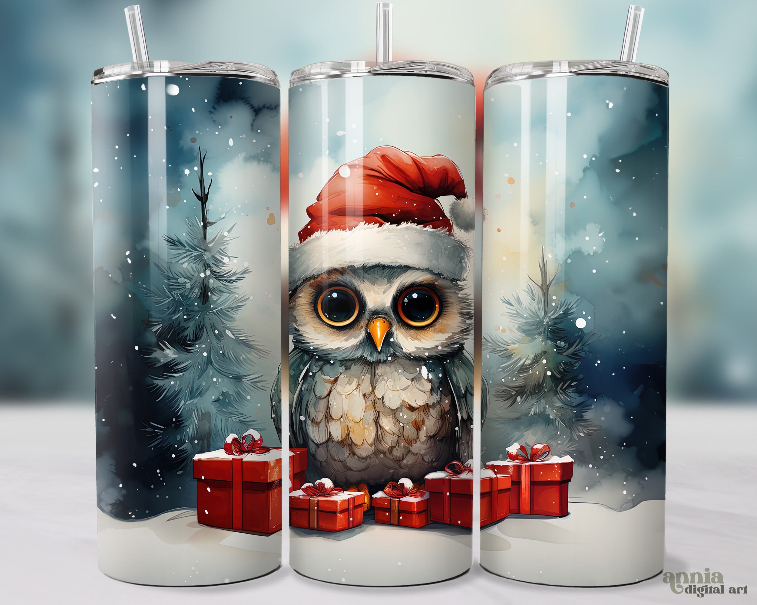 Christmas Owl Tumbler Wrap, Seamless Winter Owl 20oz Skinny Tumbler Sublimation Design, Holiday Xmas