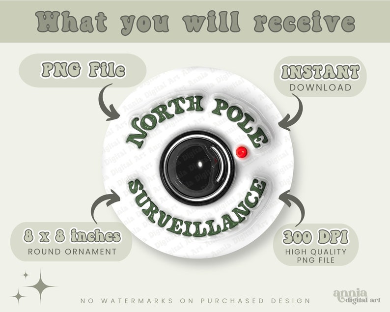 May include: A white round ornament with a green border and the text "North Pole Surveillance" in green letters. The ornament is 8 inches in diameter and has a red dot in the center. The ornament is a PNG file and is available for instant download.