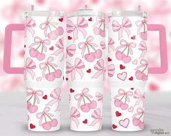 Coquette 40oz Tumbler Wrap, Preppy Pink Cherry Bows 40 oz Quencher Tumbler Sublimation Design, Soft Girly Aesthetic Ribbons Tumbler PNG