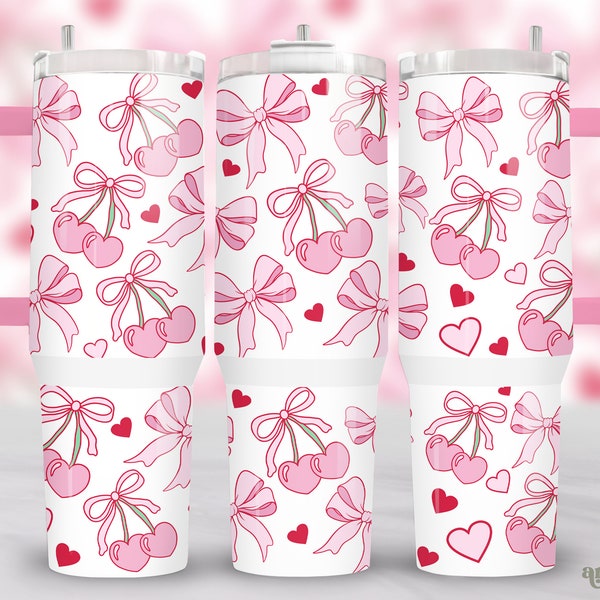 Coquette 40oz Tumbler Wrap, Preppy Pink Cherry Bows 40 oz Quencher Tumbler Sublimation Design, Soft Girly Aesthetic Ribbons Tumbler PNG