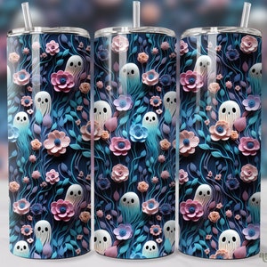 3D Halloween Becher Wrap, nahtlose Geister und Blumen 20 Unzen Skinny Becher Sublimation Design, Pastell Muster gerade & konisch Becher PNG
