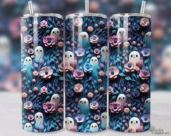 3D Halloween Tumbler Wrap, Seamless Ghosts and Flowers 20oz Skinny Tumbler Sublimation Design, Pastel Pattern Straight & Tapered Tumbler PNG