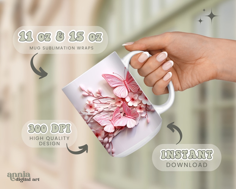 3D Pink Butterflies Mug Sublimation Design, Butterfly 11oz Coffee Cup Wrap, Flowers 15 oz Mug Wrap PNG, Spring Floral Mug Press Designs image 2