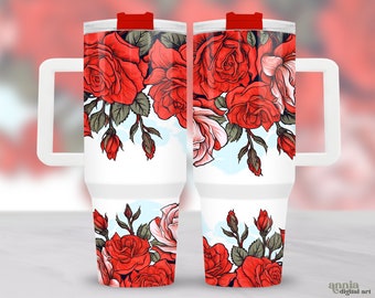 Red Roses 40oz Tumbler Wrap, Valentines Day 40 oz Quencher Tumbler Sublimation Design, Floral Tumbler With Handle PNG, Digital Download