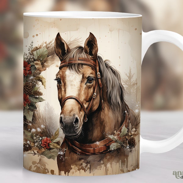 Christmas Horse Mug Wrap, Christmas Western Mug Sublimation Design, Winter Holiday 11oz Coffee Cup Wrap 15oz Mug PNG, Rustic Farm Mug Design