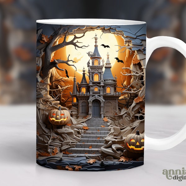 3D Halloween Mug Wrap, Haunted House Cup Sublimation Design Hole in Wall, 11oz Coffee Cup Template, Spooky 15 oz Mug PNG, Mug Press Designs