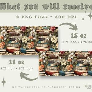 Op de afbeelding: Twee digitale printbare bestanden van een naadloos patroon met een stapel vintage boeken met bloemmotieven. Het patroon is verkrijgbaar in twee maten: 8,75 inch bij 3,75 inch (11 ounce) en 8,75 inch bij 4,25 inch (15 ounce).