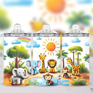 May include: Three white cups with colorful cartoon animal designs. The cups have clear lids and handles. The designs include a giraffe, lion, monkey, and elephant.