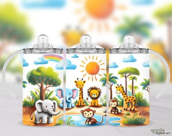 Safari Animals Sippy Cup Tumbler Wrap, Jungle Drawing 12oz Kids Water Bottle Sublimation Design PNG, Elephant Giraffe Toddler Sippy Cup Wrap