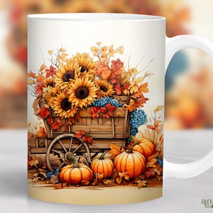 Aquarel herfst mok wrap, herfst oogst mok sublimatie ontwerp, rustieke 11oz koffie kopje sjabloon, 15 oz mok wrap PNG, mok pers ontwerp