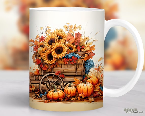 Watercolor Fall Mug Wrap, Autumn Harvest Mug Sublimation Design, Rustic 11oz Coffee Cup Template, 15 oz Mug Wrap PNG, Mug Press Design