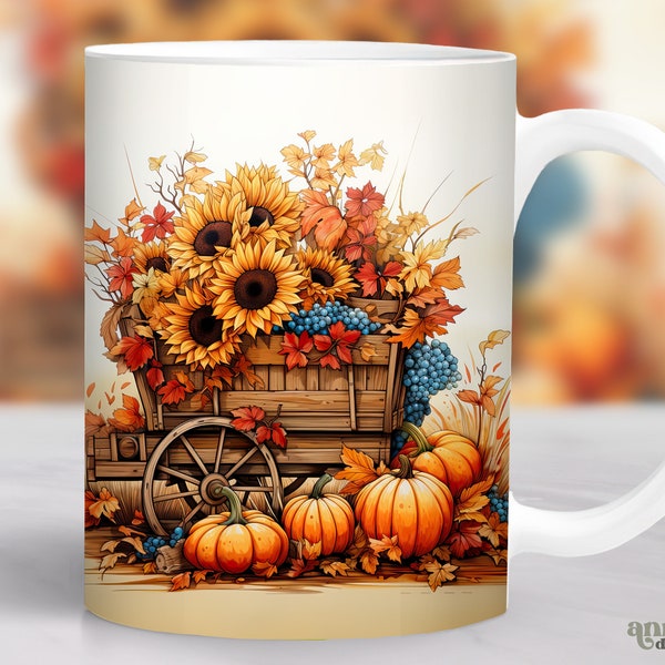 Watercolor Fall Mug Wrap, Autumn Harvest Mug Sublimation Design, Rustic 11oz Coffee Cup Template, 15 oz Mug Wrap PNG, Mug Press Design