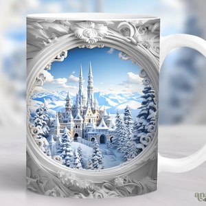 May include: White ceramic mug with a white ornate frame around a winter scene of a white castle in a snowy landscape. The castle has tall spires and is surrounded by trees. The mug has a white handle.
