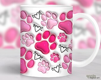 Kubek 3D z nadmuchanymi łapkami zwierząt, różowy kubek dla miłośników psów, projekt sublimacji, Fur Mom 11oz filiżanka kawy Png, 15 oz kubek Wrap PNG, projekt prasy do kubków