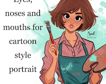 eyes, noses and mouths for cartoon style portrait, procreate. Eyes, noses and mouths for cartoon style portrait in procreate