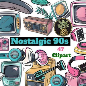 90s Nostalgia Clipart Bundle | Watercolor 90s Elements, Y2K Retro Roller Skates, Neon 1990s Theme Party Vibes | PNG Digital Download