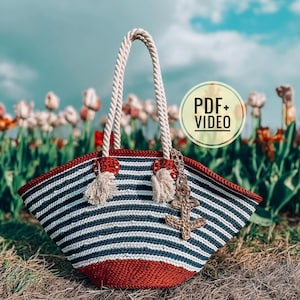 Striped Crochet Tote Bag Pattern - PDF & Video Tutorial - Instant Download - Summer Beach Bag, Market Tote, Reusable Shopping Bag for Women